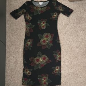 LuLaRoe Black Midi Dress with Red and Green Floral Pattern